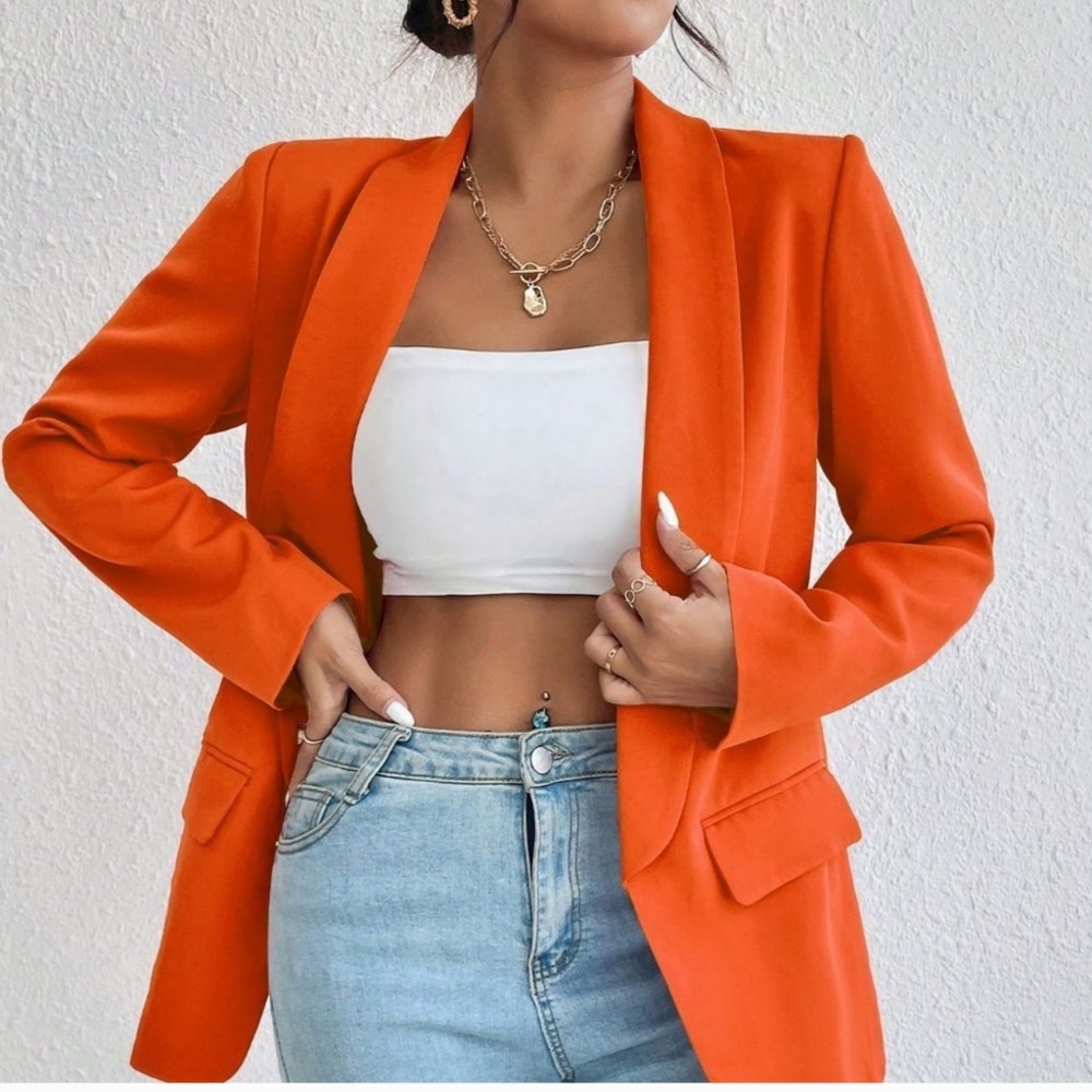 Orange Preppy Womens Solid Shawl Collar Blazer - Picture 1 of 5